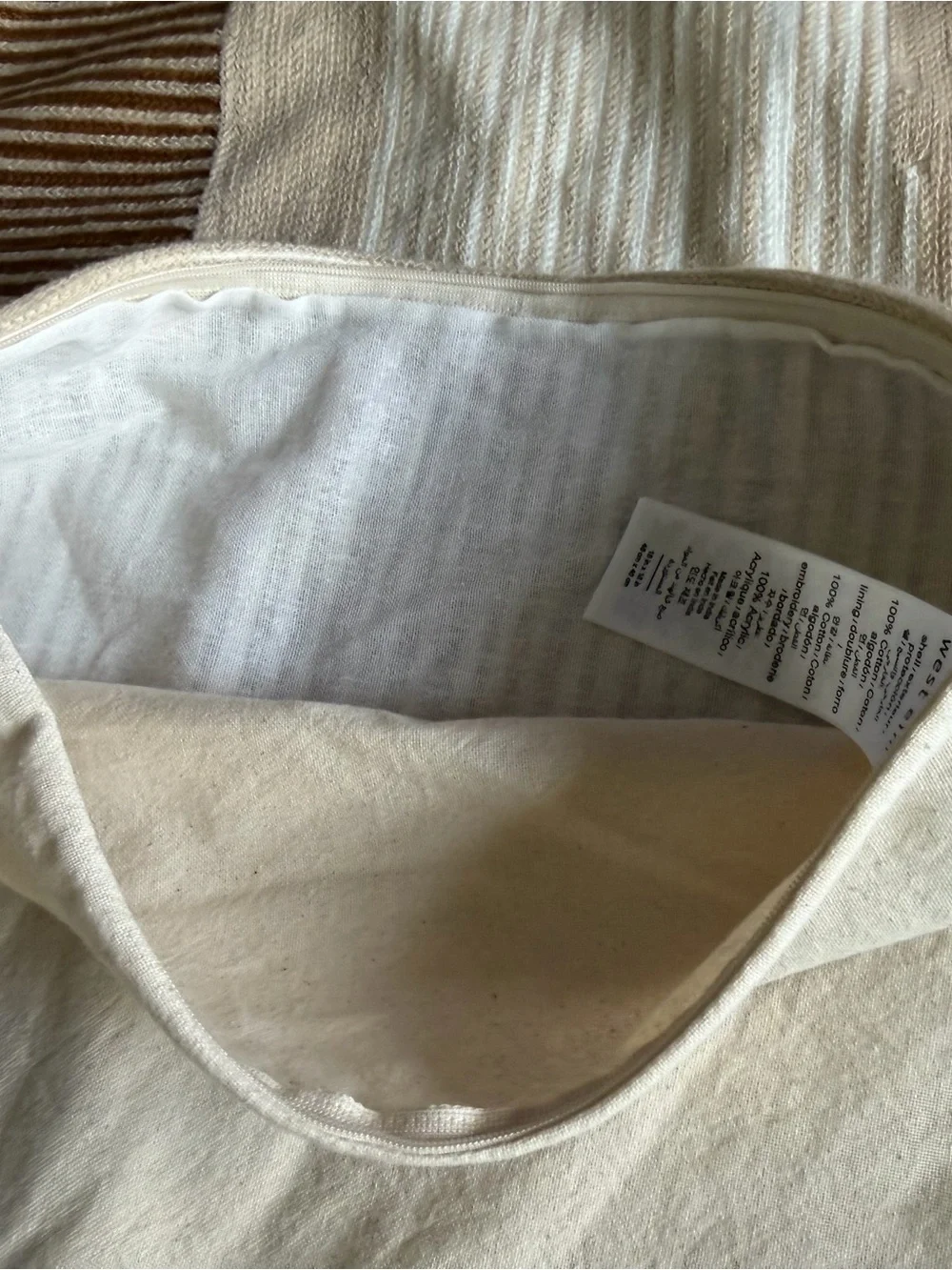 West Elm 100% Cotton Striped Crewel Durban 18x18” Accent Pillow Beige Cream NWT